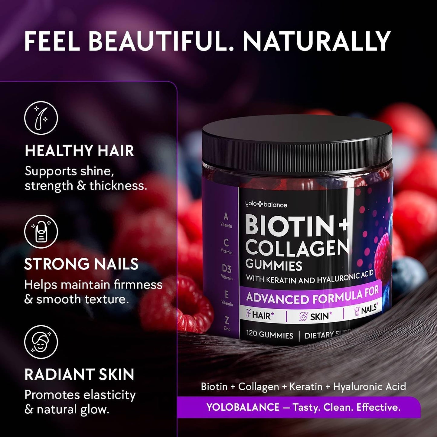 Biotin Gummies 10000mcg for Hair Growth Support – Sugar Free Multi Collagen with Keratin, Silica & Hyaluronic Acid – Hair Skin & Nails Vitamins – 120 Count