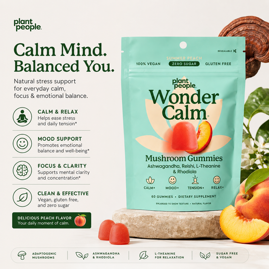 Plant People WonderCalm Mushroom Gummies with Ashwagandha, Reishi & L-Theanine – Sugar Free Vegan Stress Relief Supplement – Peach Flavor, 60 Count