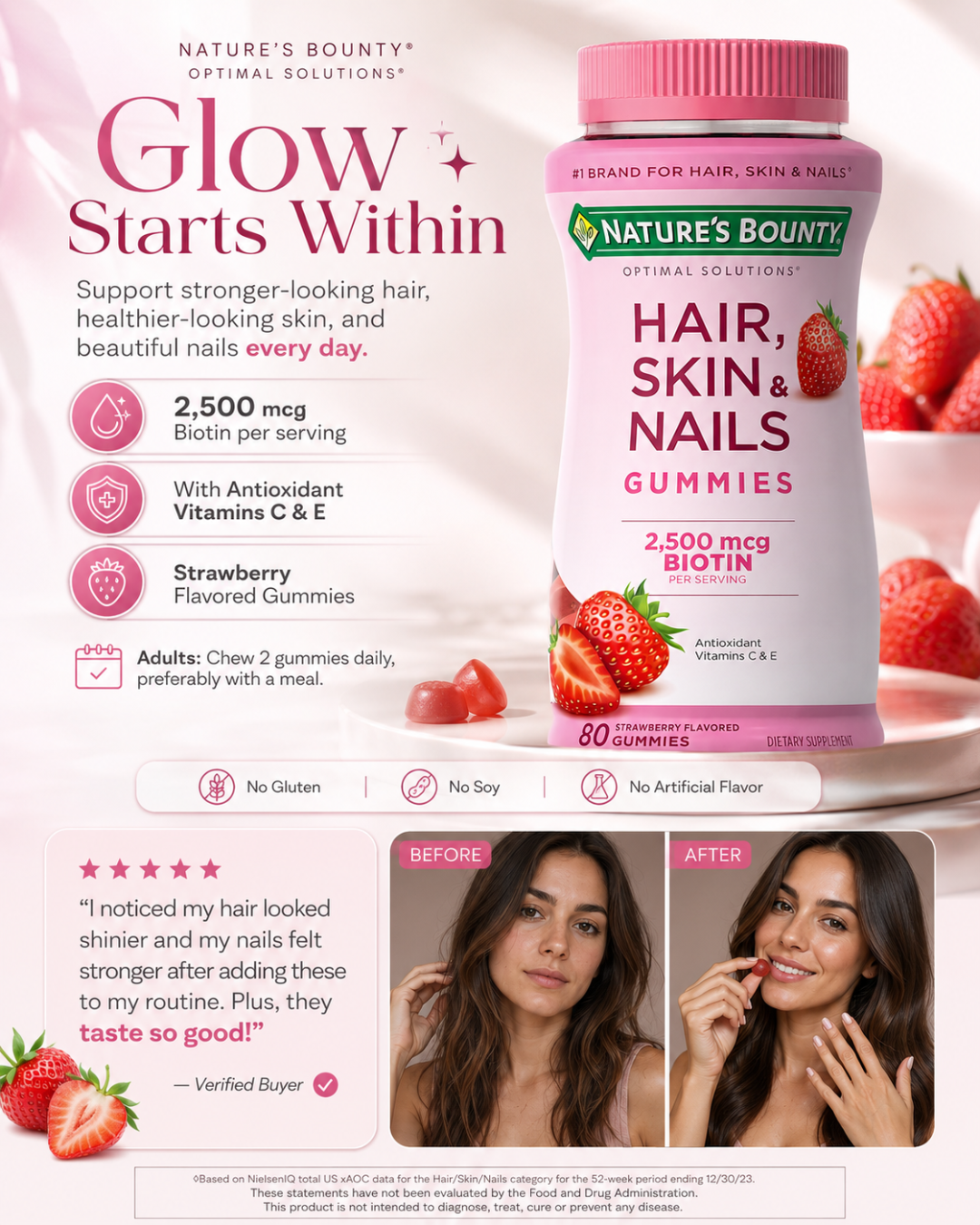 Nature’s Bounty Hair, Skin & Nails Gummies with Biotin & Collagen – Strawberry 80 Count
