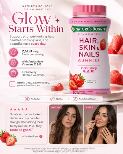Nature’s Bounty Hair, Skin & Nails Gummies with Biotin & Collagen – Strawberry 80 Count