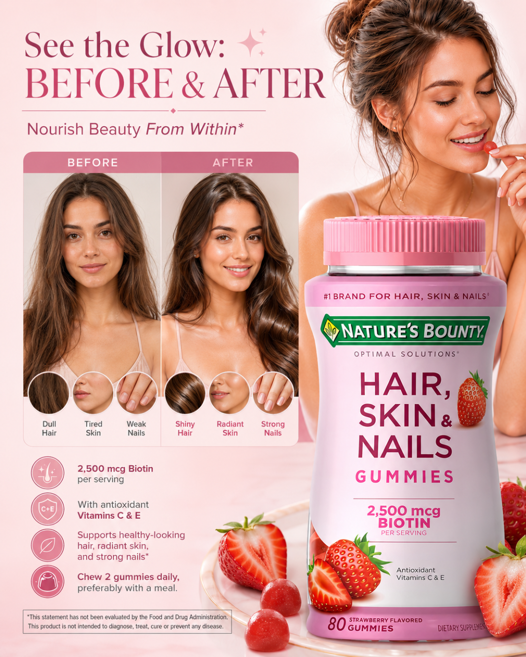 Nature’s Bounty Hair, Skin & Nails Gummies with Biotin & Collagen – Strawberry 80 Count