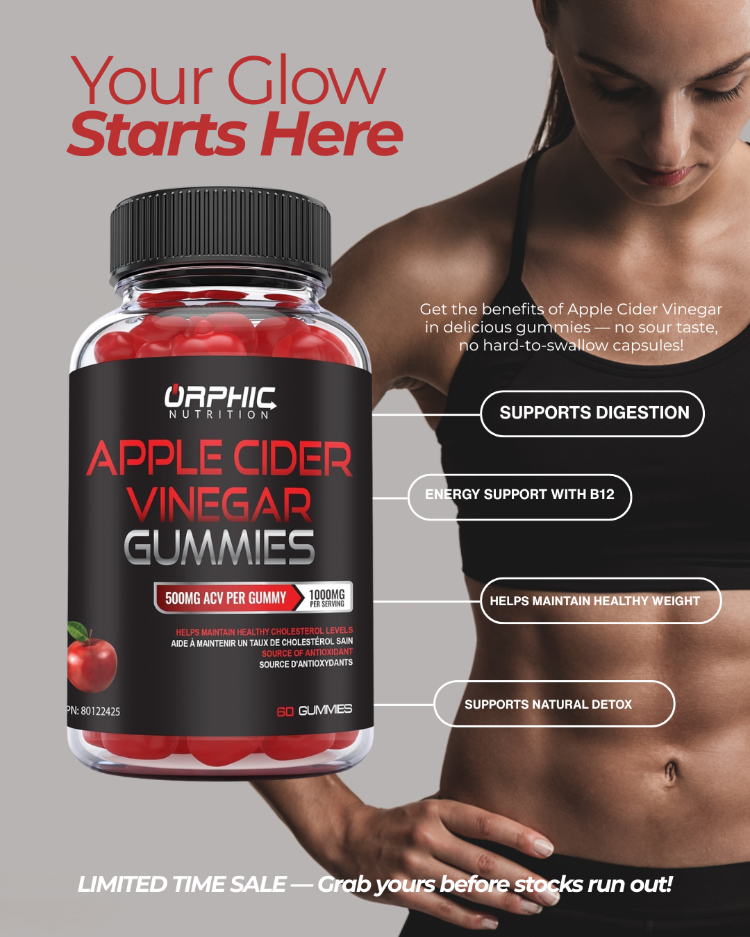 ORPHIC NUTRITION Apple Cider Vinegar Gummies 1000mg – ACV Metabolism & Digestive Support