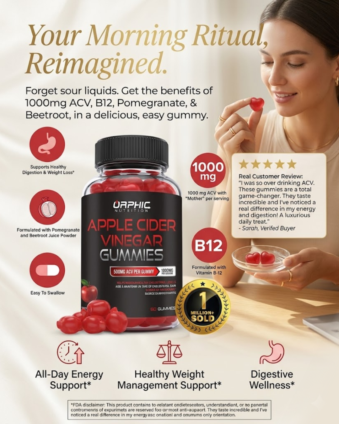ORPHIC NUTRITION Apple Cider Vinegar Gummies 1000mg – ACV Metabolism & Digestive Support
