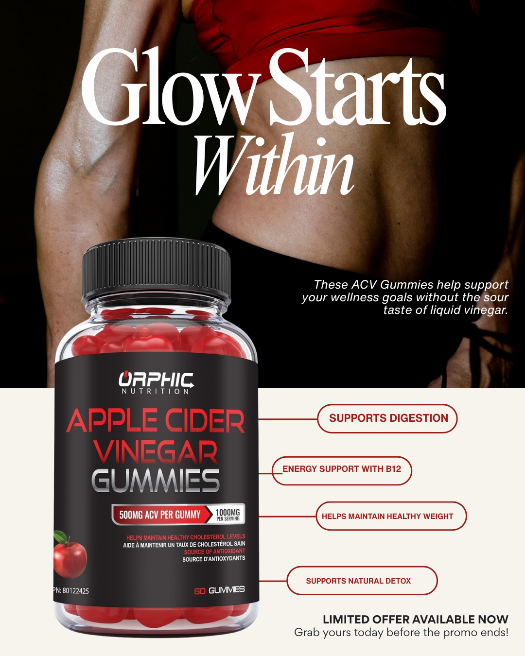ORPHIC NUTRITION Apple Cider Vinegar Gummies 1000mg – ACV Metabolism & Digestive Support