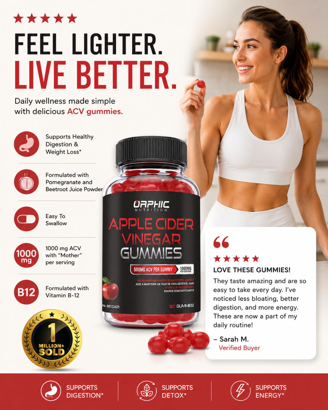 ORPHIC NUTRITION Apple Cider Vinegar Gummies 1000mg – ACV Metabolism & Digestive Support