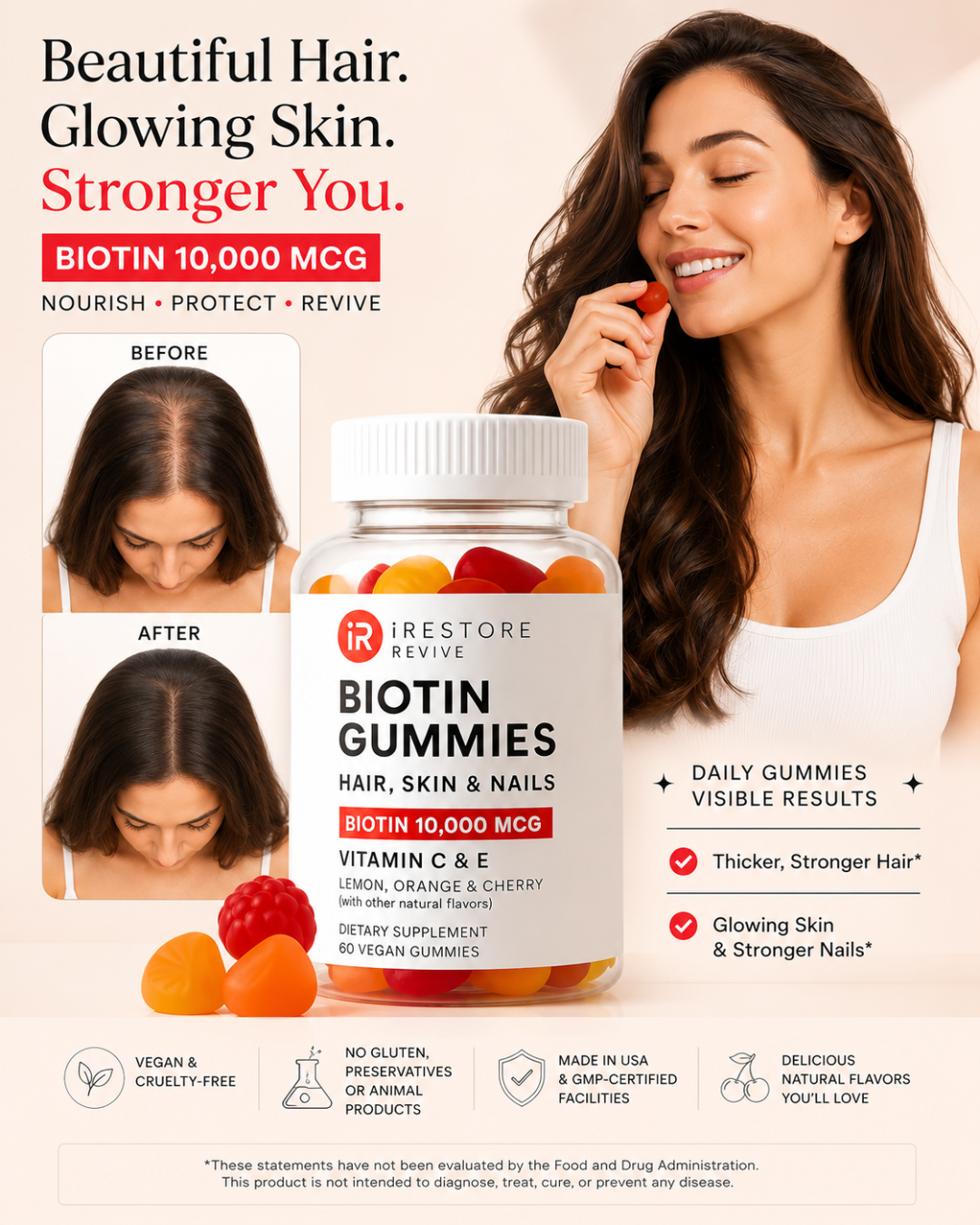 iRestore Biotin Gummies 10,000 mcg – Hair, Skin & Nails Vitamins for Women & Men