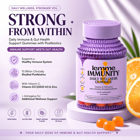 Lemme Immunity Postbiotic Gummies with Vitamin C, Vitamin D (2000 IU), Zinc, 10 Billion Postbiotic Cells, Astragalus for Immune Support - Vegetarian, Gluten Free, Sweet Orange (60 Count)