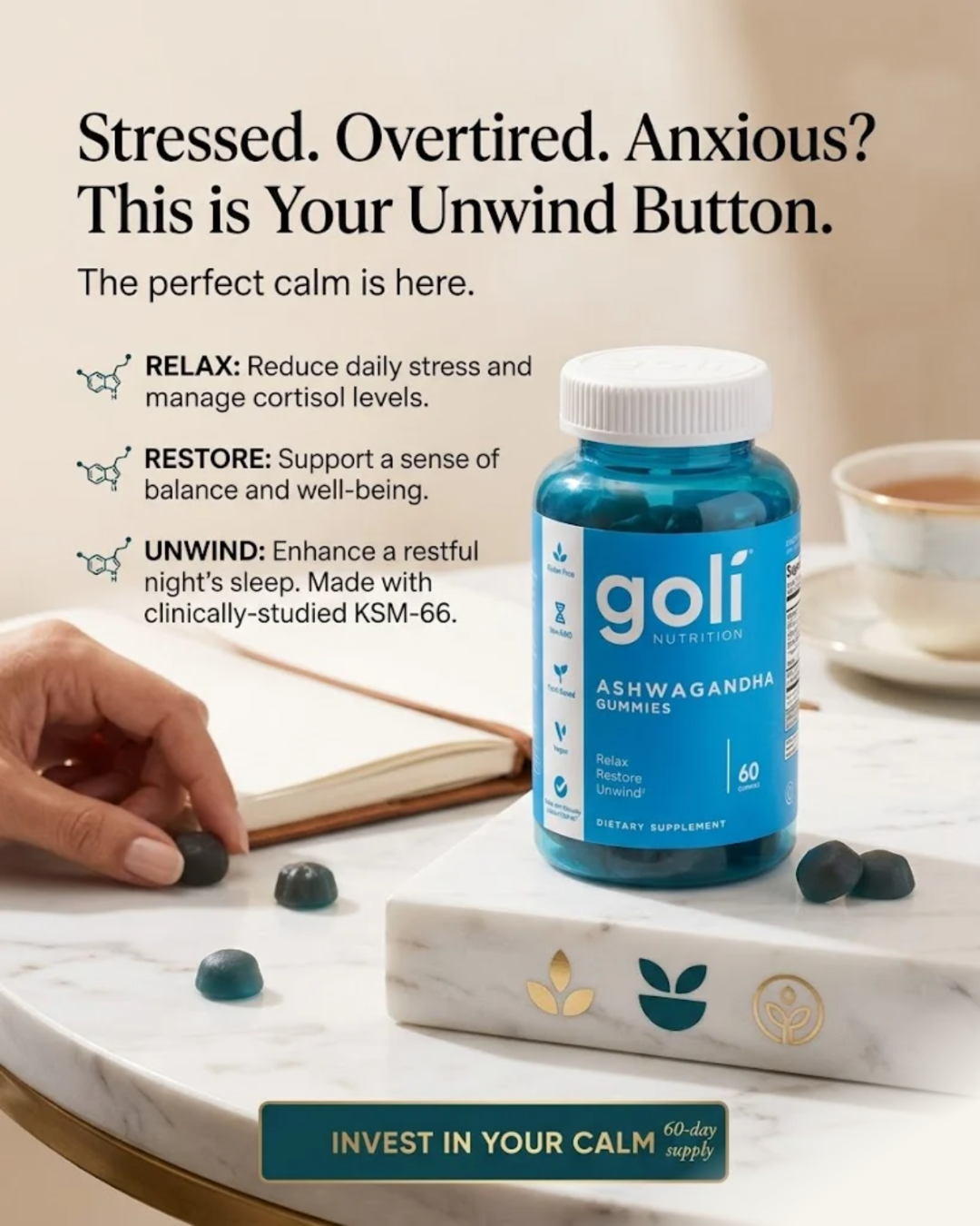 Goli Ashwagandha Gummies with KSM-66 & Vitamin D – Stress Relief & Calm Support