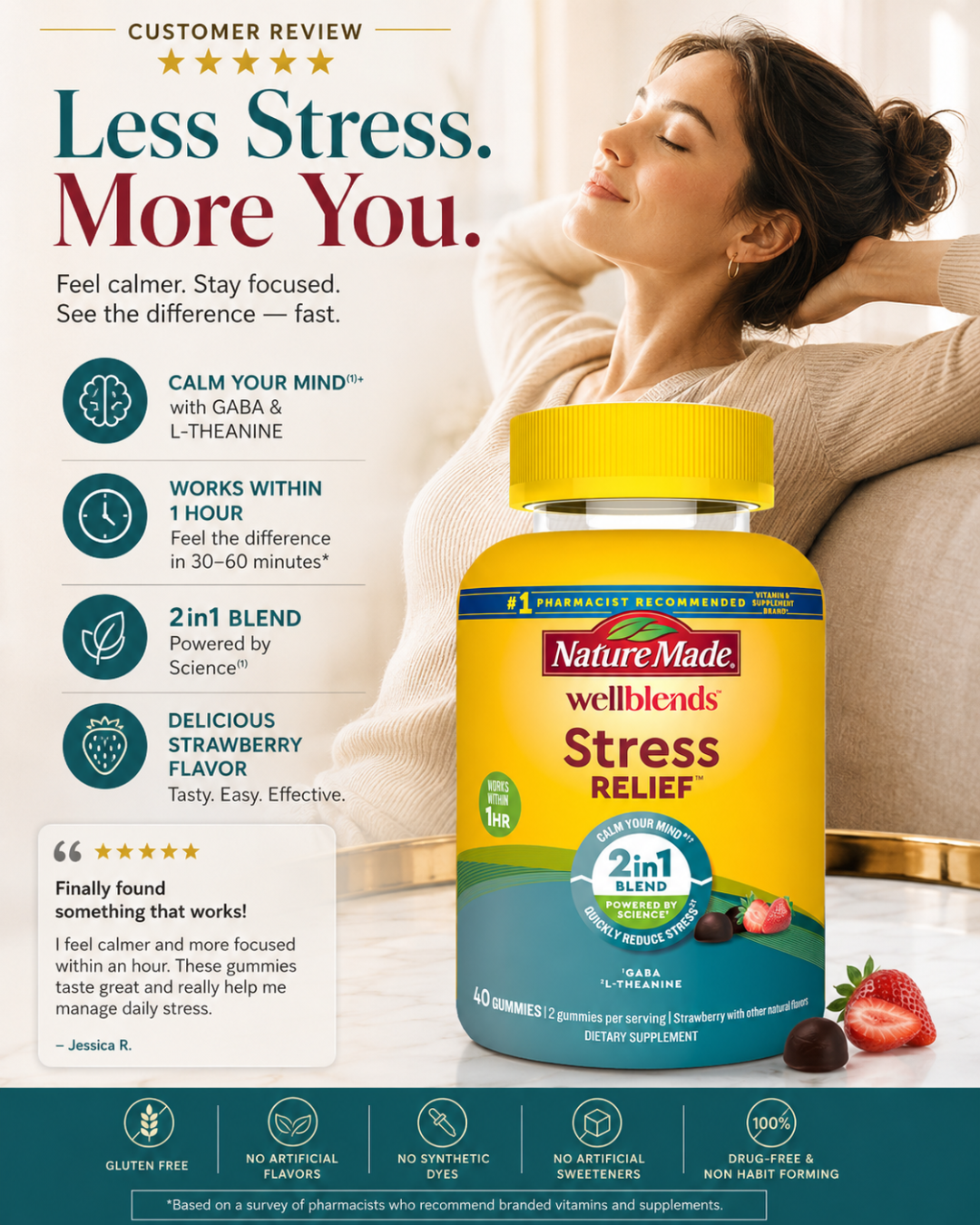 Nature Made Wellblends Stress Relief Gummies with L-Theanine & GABA – Strawberry 40 Count