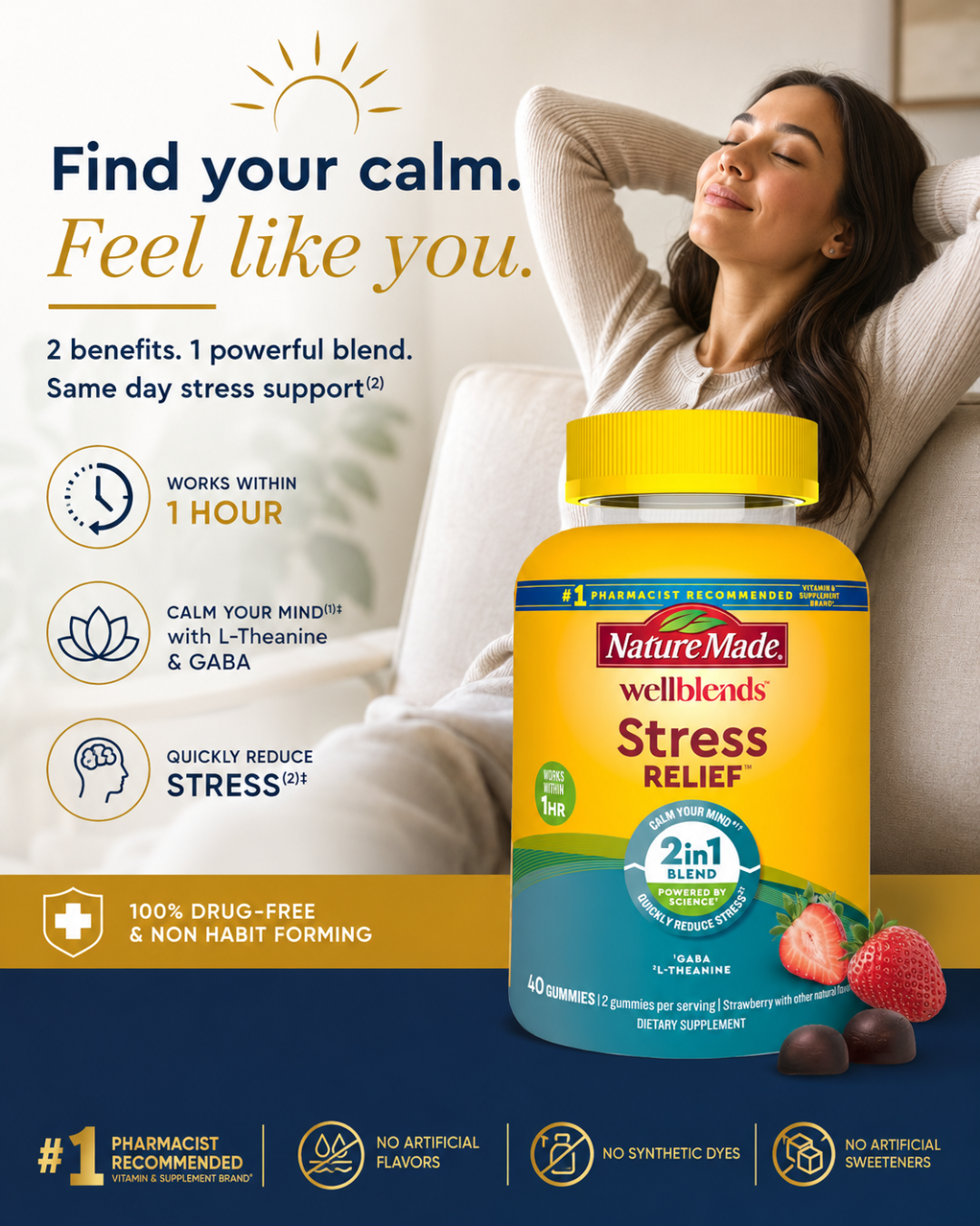 Nature Made Wellblends Stress Relief Gummies with L-Theanine & GABA – Strawberry 40 Count