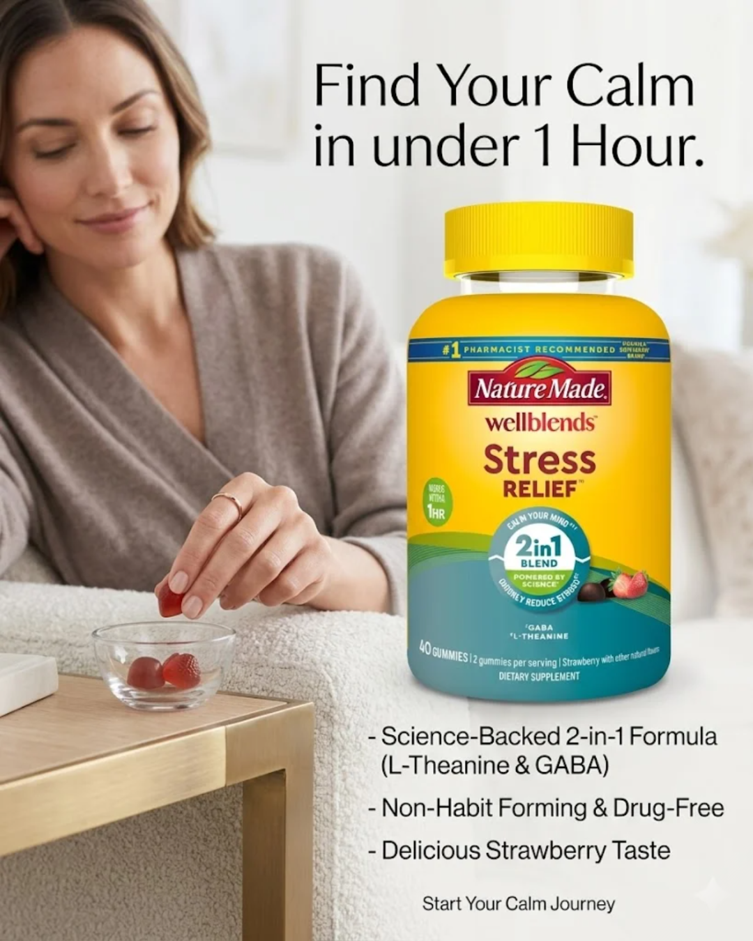Nature Made Wellblends Stress Relief Gummies with L-Theanine & GABA – Strawberry 40 Count