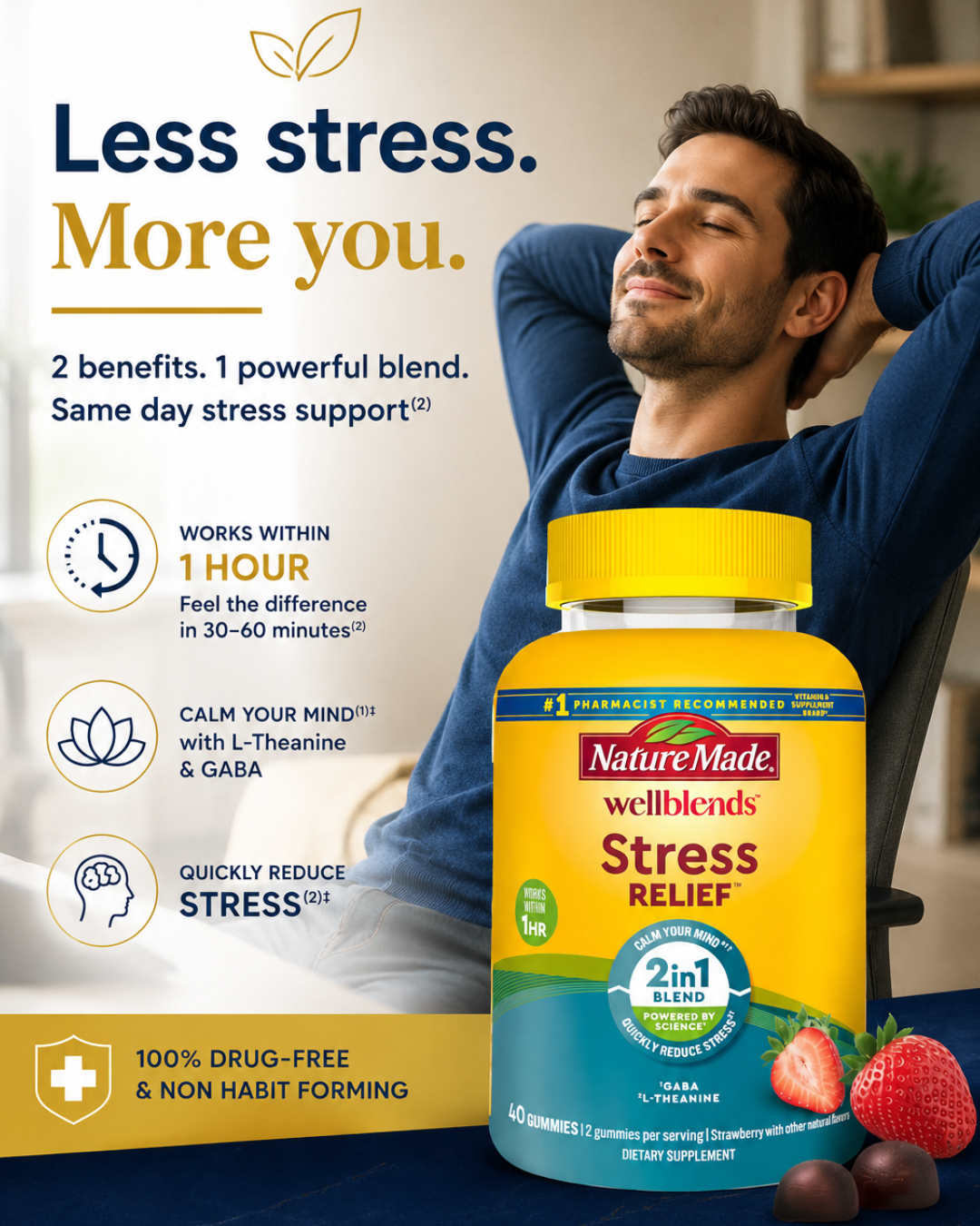 Nature Made Wellblends Stress Relief Gummies with L-Theanine & GABA – Strawberry 40 Count