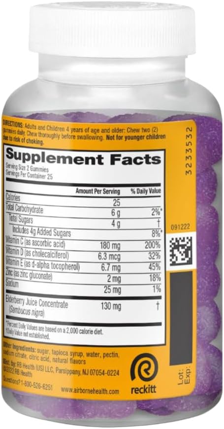Airborne Elderberry + Zinc Gummies with Vitamins C, D & E – Immune Support 50 Count