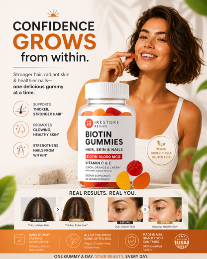 iRestore Biotin Gummies 10,000 mcg – Hair, Skin & Nails Vitamins for Women & Men