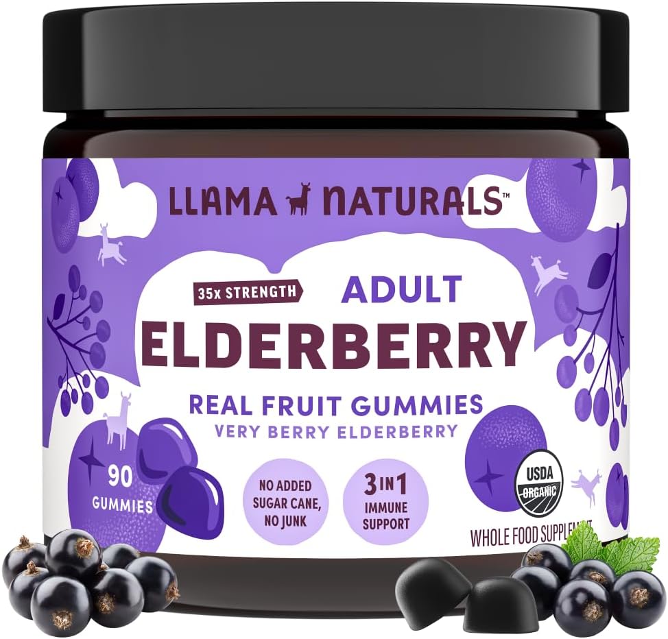Llama Naturals Organic Elderberry Gummies with Vitamin C & Zinc – Vegan Immune Support 90 Count