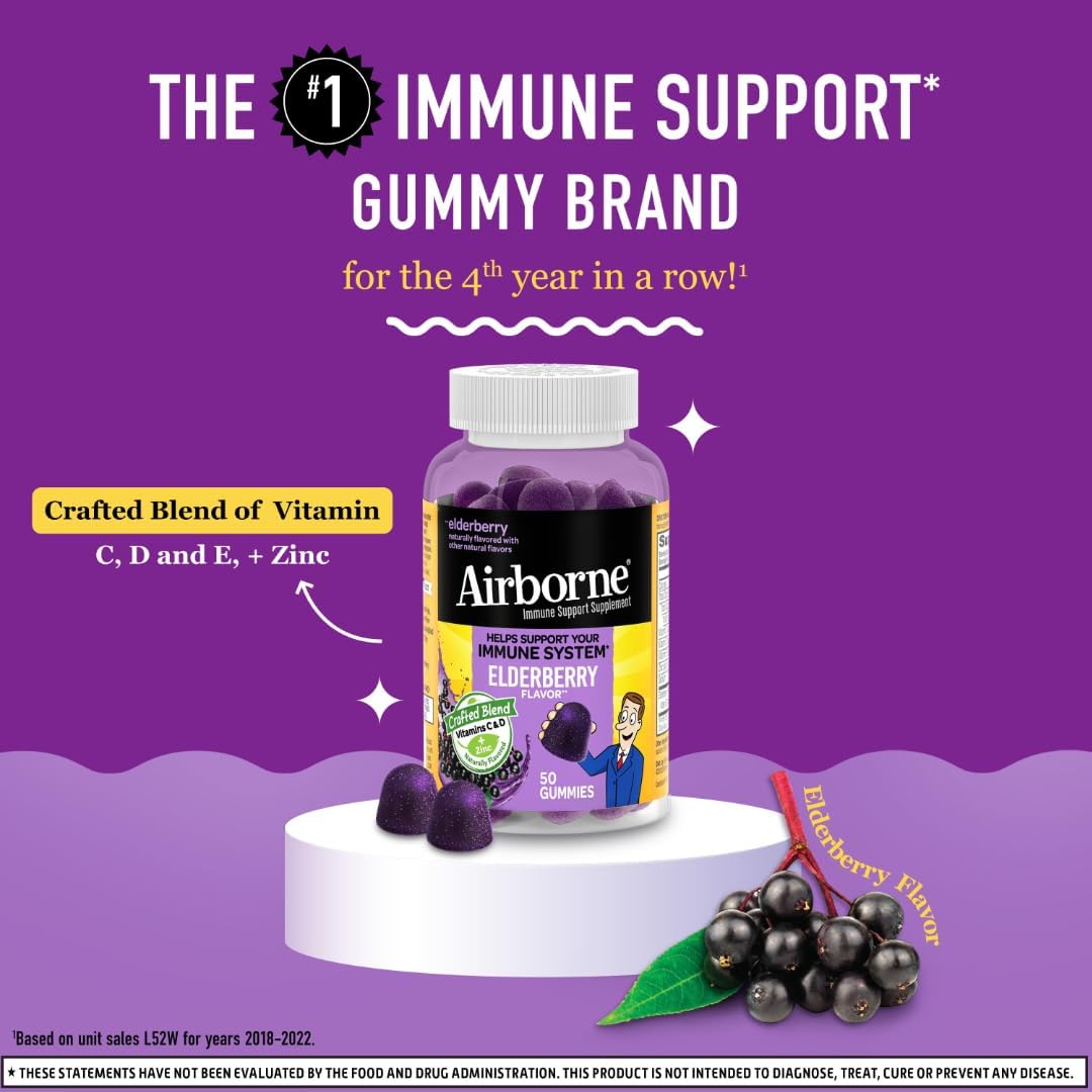 Airborne Elderberry + Zinc Gummies with Vitamins C, D & E – Immune Support 50 Count