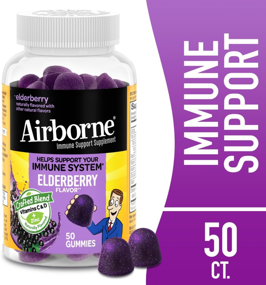 Airborne Elderberry + Zinc Gummies with Vitamins C, D & E – Immune Support 50 Count