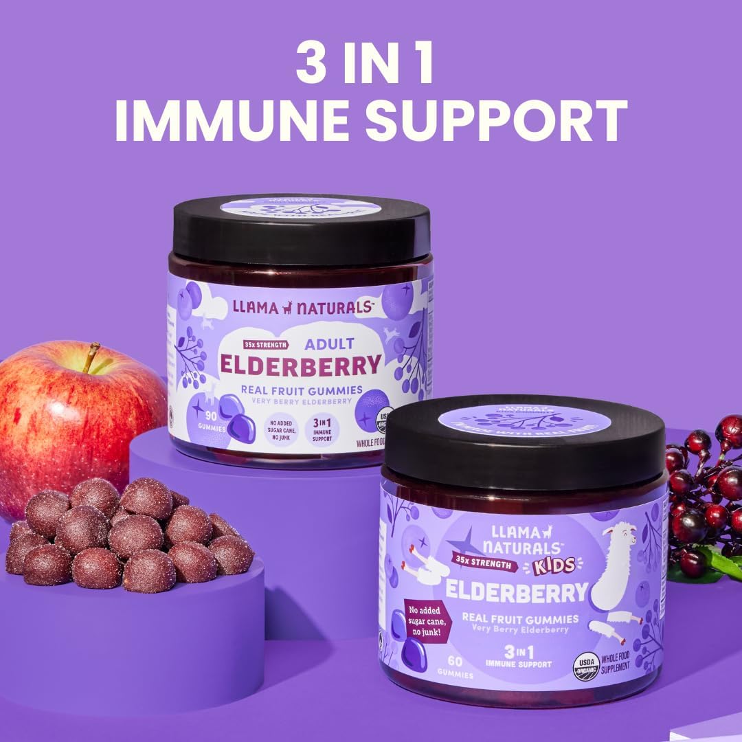 Llama Naturals Organic Elderberry Gummies with Vitamin C & Zinc – Vegan Immune Support 90 Count