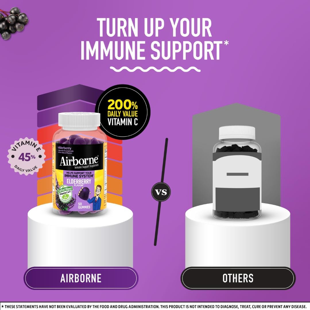 Airborne Elderberry + Zinc Gummies with Vitamins C, D & E – Immune Support 50 Count