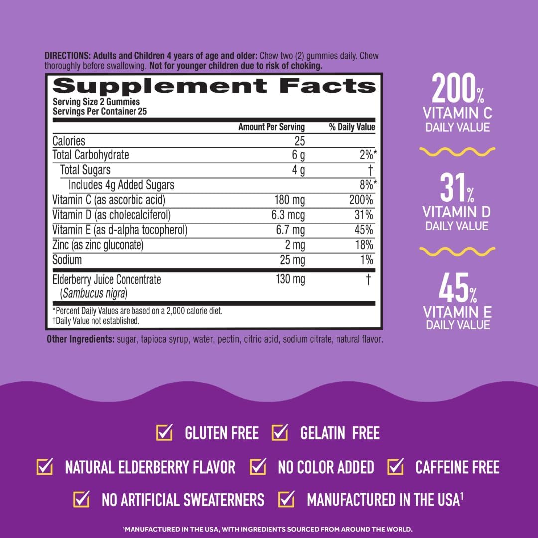 Airborne Elderberry + Zinc Gummies with Vitamins C, D & E – Immune Support 50 Count