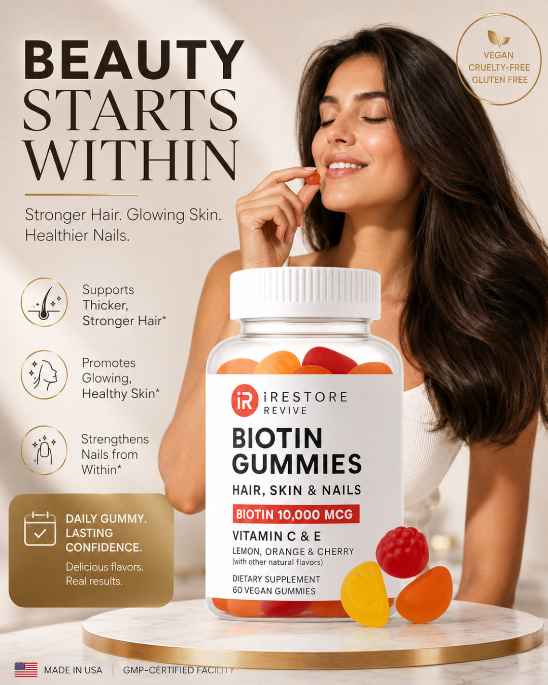 iRestore Biotin Gummies 10,000 mcg – Hair, Skin & Nails Vitamins for Women & Men