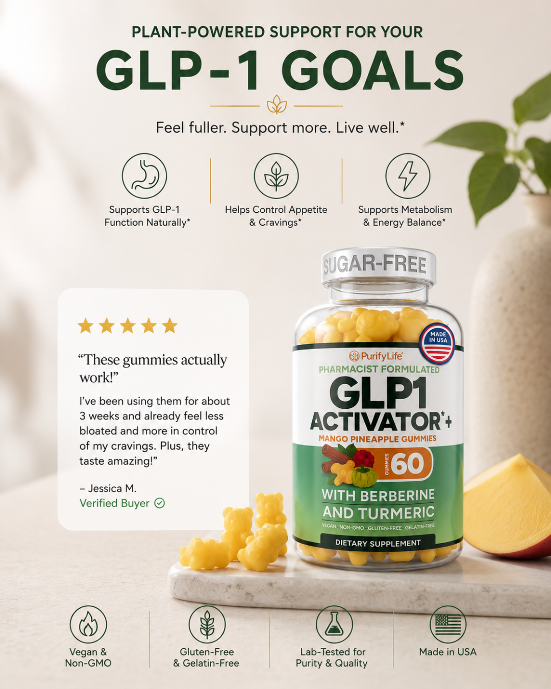 GLP-1 Support Gummies with Berberine, Cinnamon & Turmeric – Appetite Control & Metabolism Support