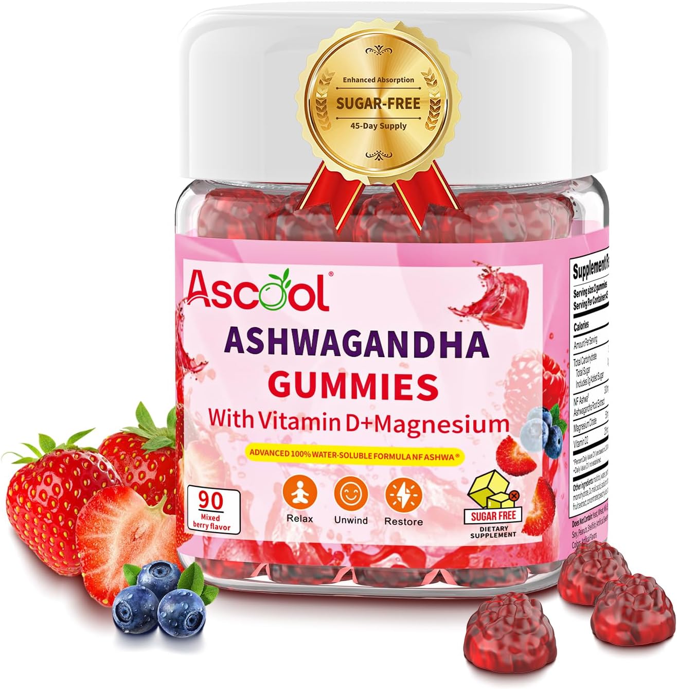 Ashwagandha Gummies with Magnesium &amp; Vitamin D – Stress Relief &amp; Calm Support 90 Count