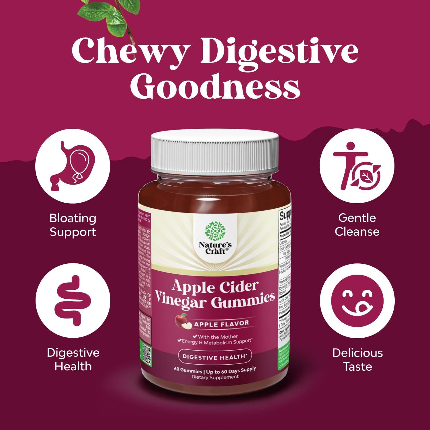 Apple Cider Vinegar Gummies with Mother, B12 & B6 – Digestive and Metabolism Support 60 Count