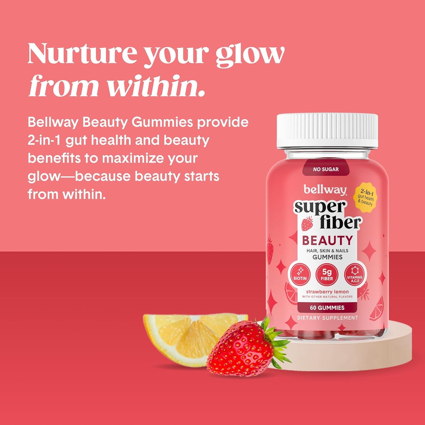 Bellway Super Fiber Gummies + Beauty – Sugar Free Fiber Supplement with Biotin & Vitamins A C E – Supports Digestive Health, Skin, Hair & Nails – Strawberry Lemon, 60 Count