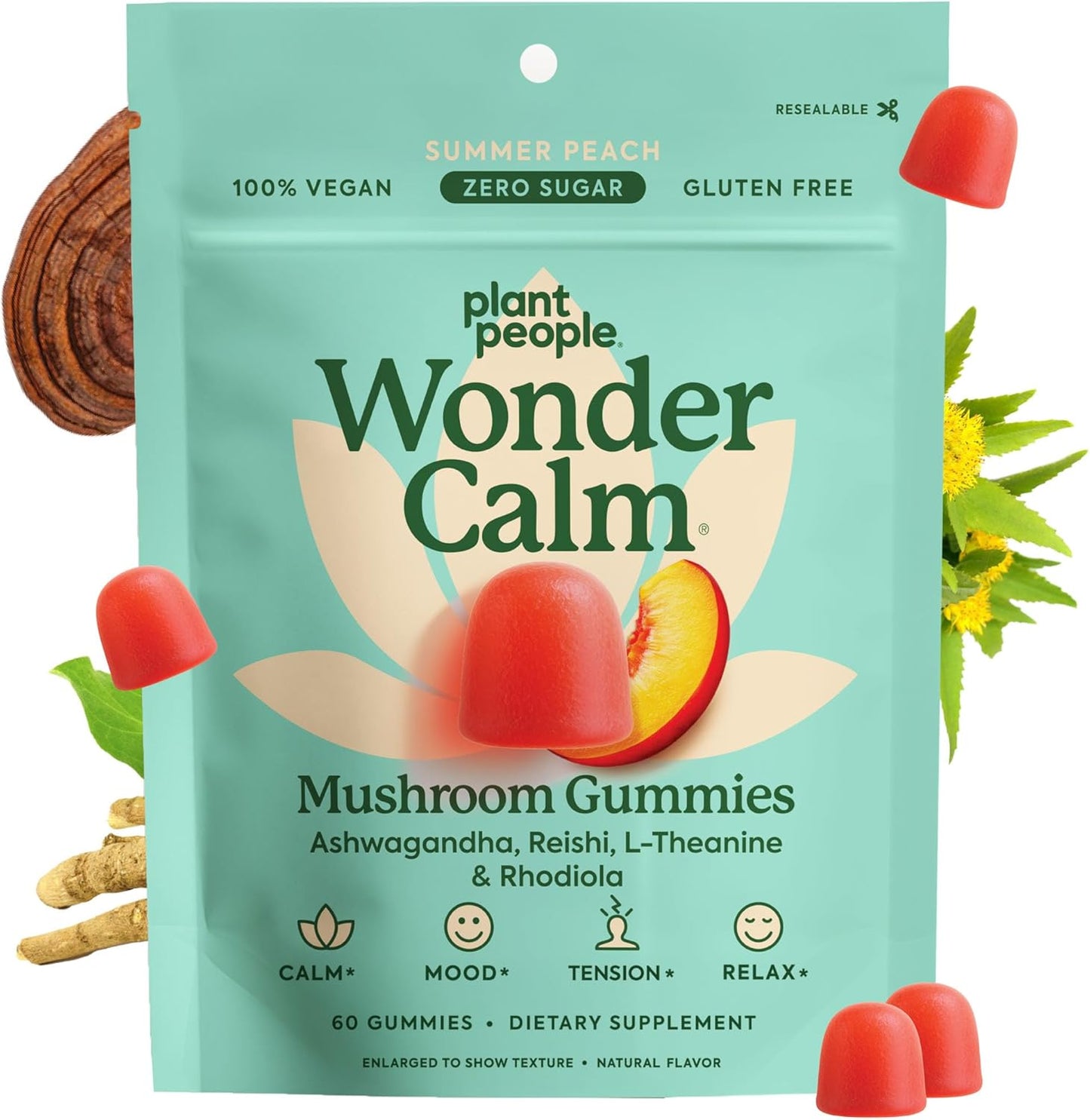 Plant People WonderCalm Mushroom Gummies with Ashwagandha, Reishi & L-Theanine – Sugar Free Vegan Stress Relief Supplement – Peach Flavor, 60 Count