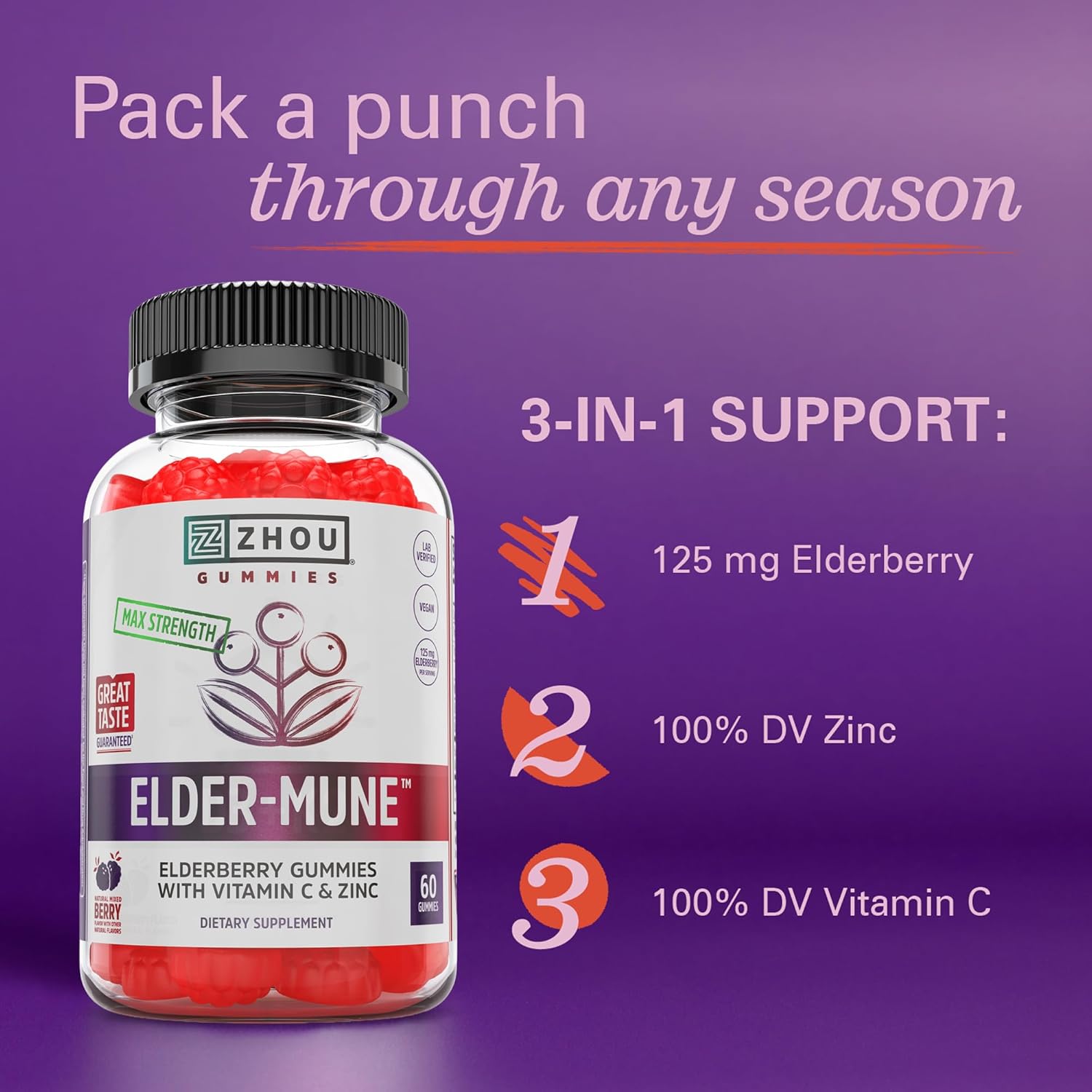 Zhou Elder-Mune Elderberry Gummies with Vitamin C & Zinc – Daily Immune Support Supplement 60 Gummies