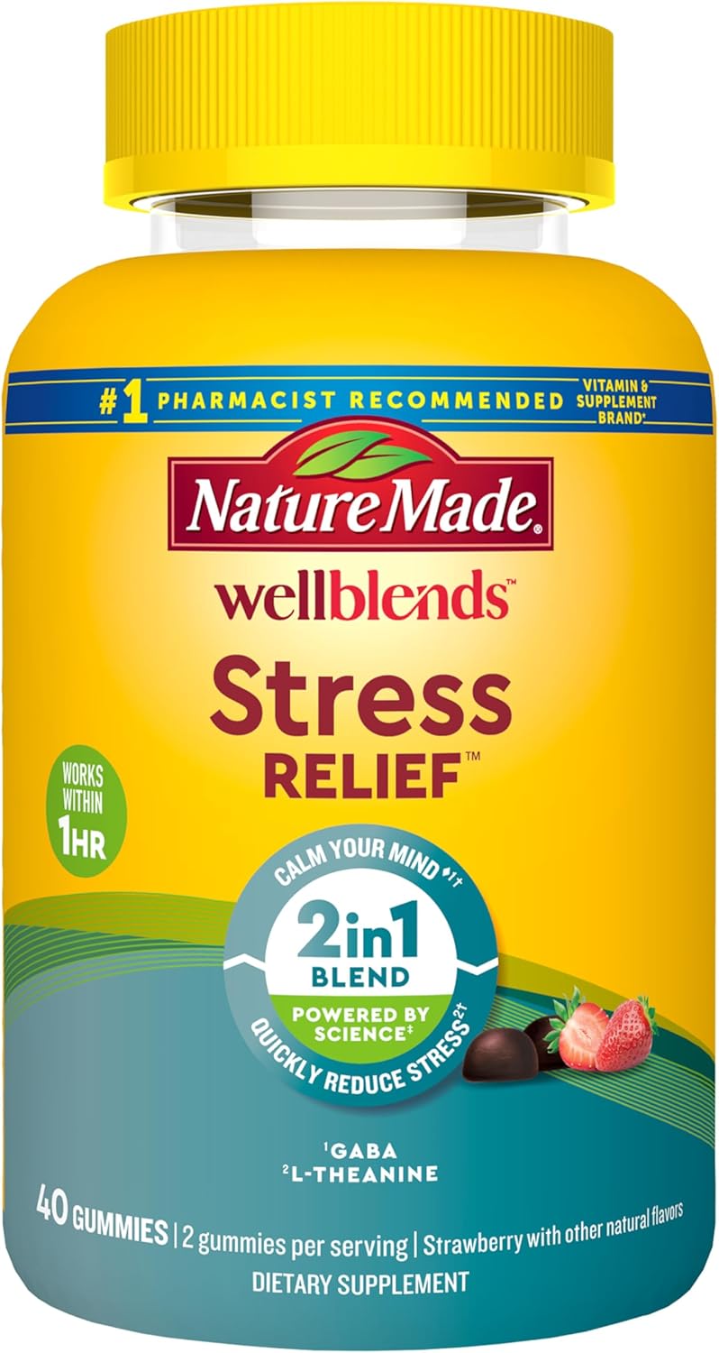 Nature Made Wellblends Stress Relief Gummies with L-Theanine & GABA – Strawberry 40 Count