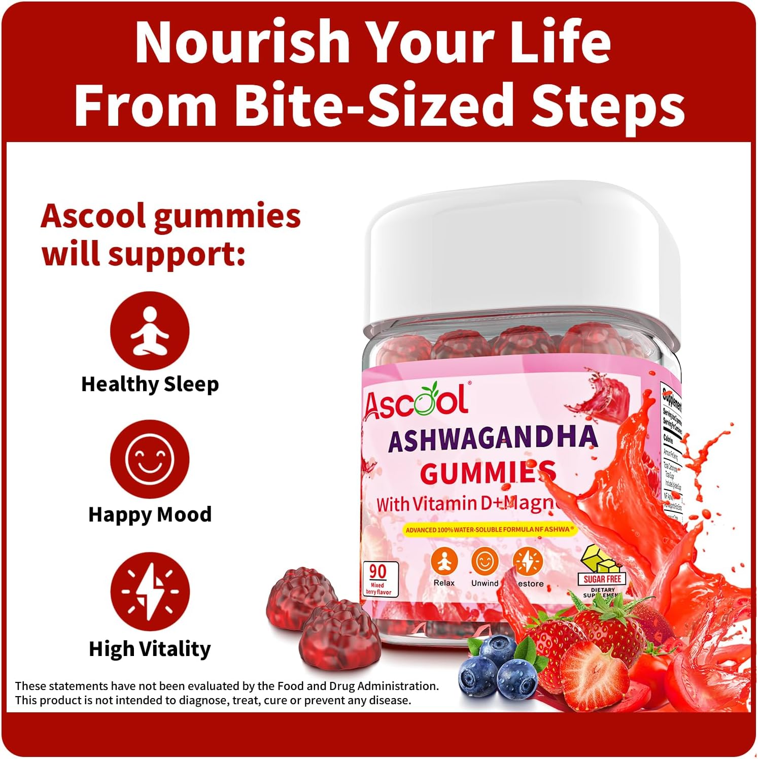 Ashwagandha Gummies with Magnesium &amp; Vitamin D – Stress Relief &amp; Calm Support 90 Count