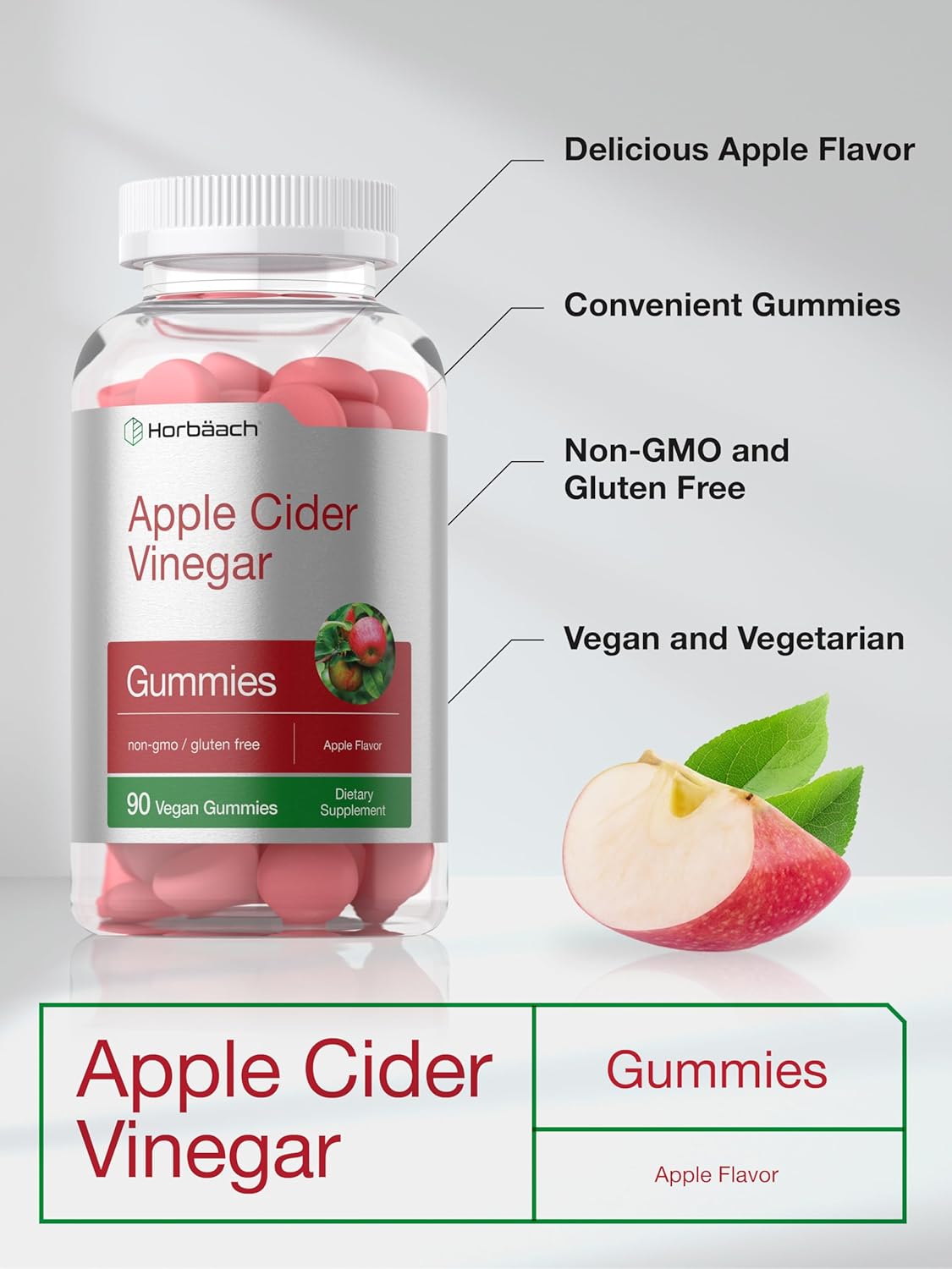 Horbäach Apple Cider Vinegar Gummies – Vegan ACV Dietary Supplement for Digestive Wellness 90 Gummies