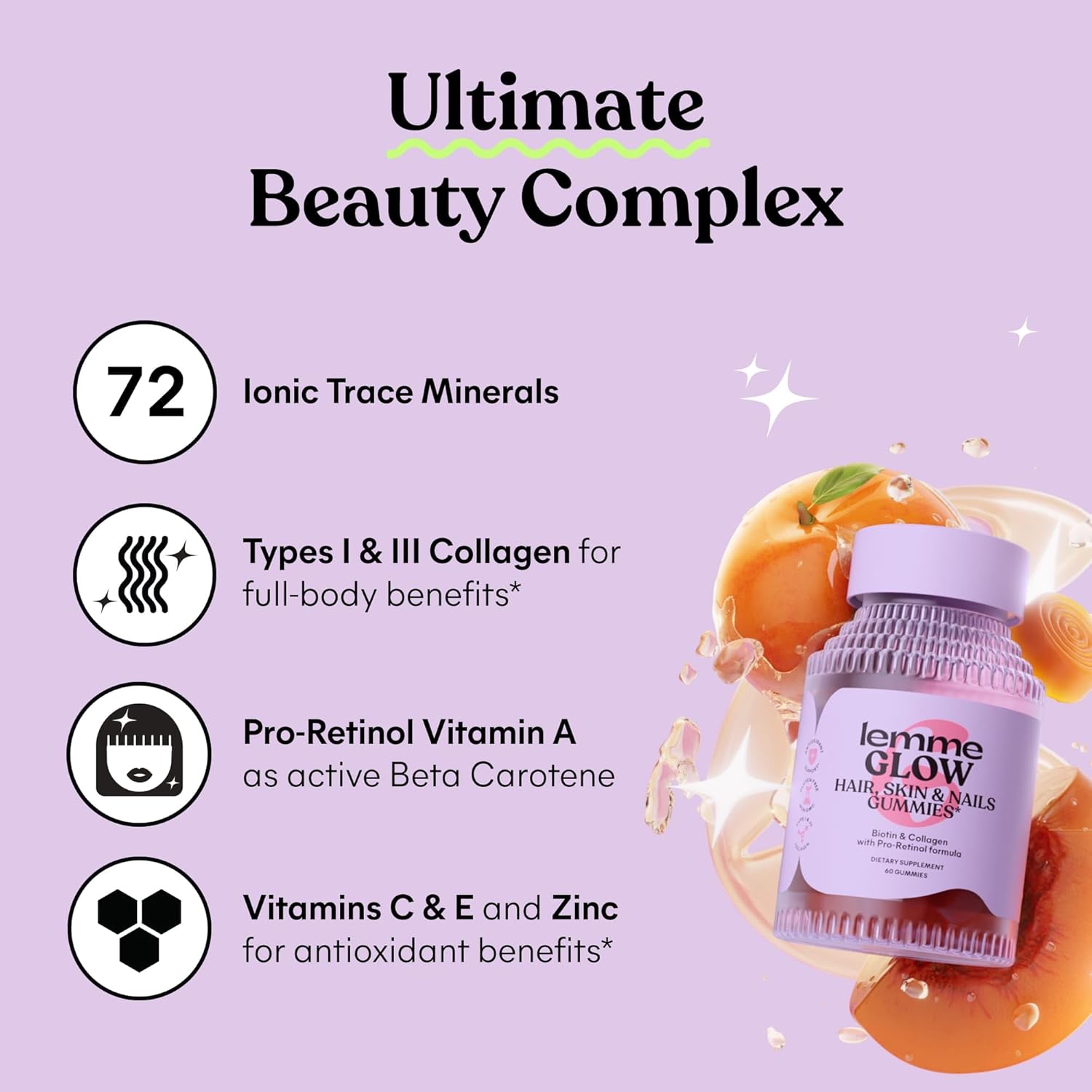 Lemme Glow Collagen Gummies with Biotin & Multi-Collagen Peptides – Hair, Skin & Nails Support