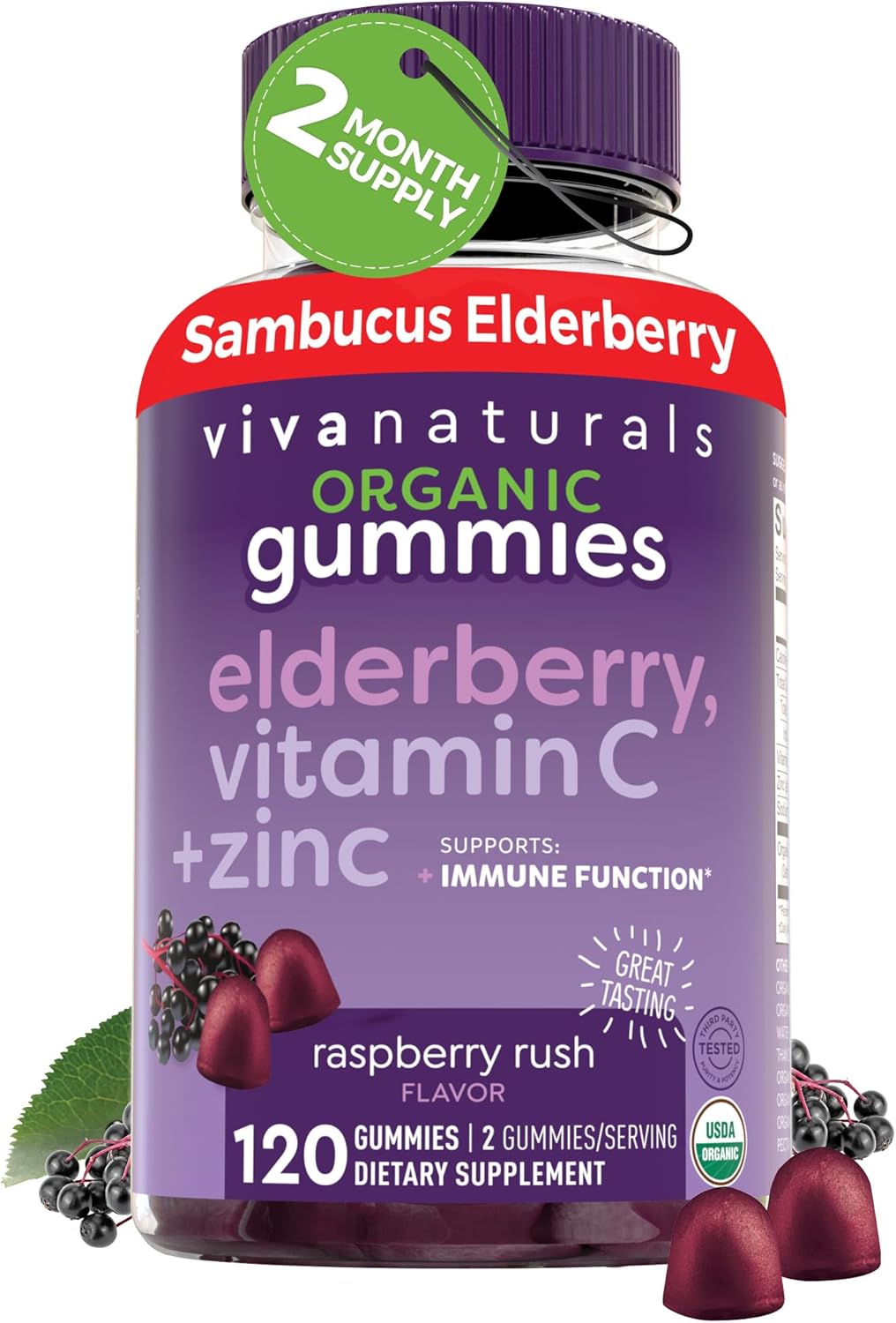 Vivanaturals Elderberry Vitamin C & Zinc Immune Support Gummies – Organic Raspberry 120 Count