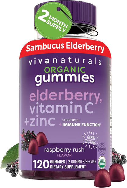 Vivanaturals Elderberry Vitamin C & Zinc Immune Support Gummies – Organic Raspberry 120 Count