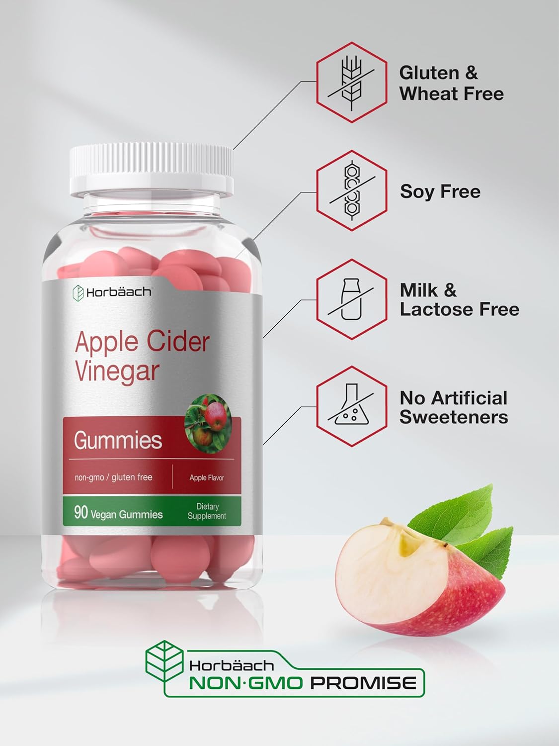 Horbäach Apple Cider Vinegar Gummies – Vegan ACV Dietary Supplement for Digestive Wellness 90 Gummies