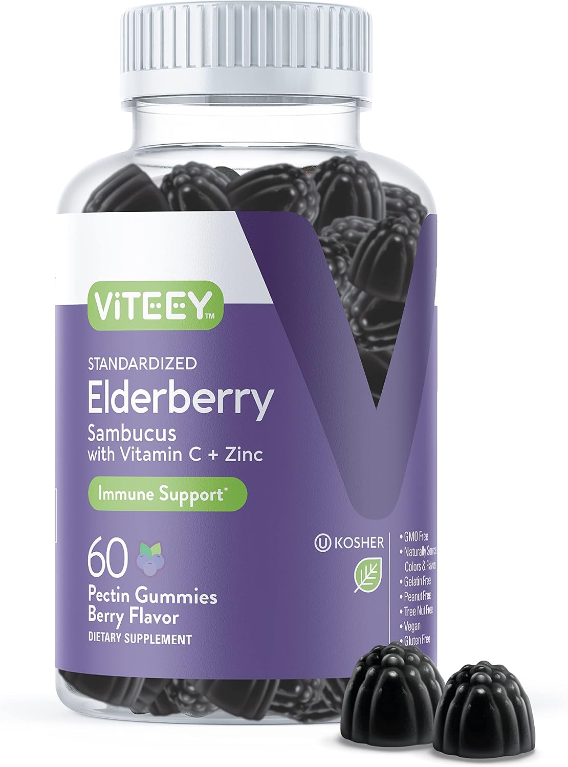 Viteey Sambucus Elderberry Gummies for Adults – Elderberry Vitamin C and Zinc Immunity Gummies - Vegan, Gluten-Free – 120 Count