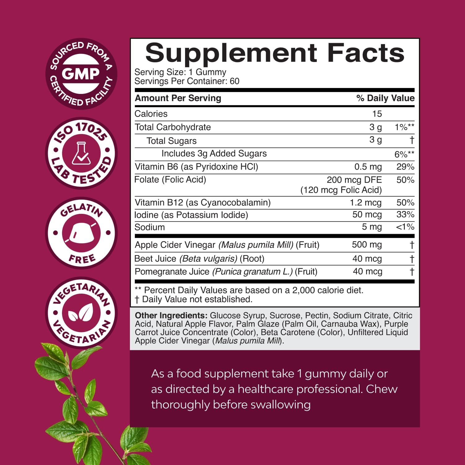 Apple Cider Vinegar Gummies with Mother, B12 & B6 – Digestive and Metabolism Support 60 Count