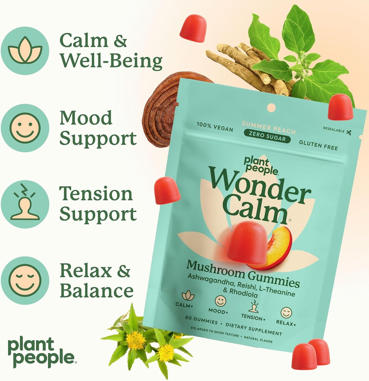 Plant People WonderCalm Mushroom Gummies with Ashwagandha, Reishi & L-Theanine – Sugar Free Vegan Stress Relief Supplement – Peach Flavor, 60 Count