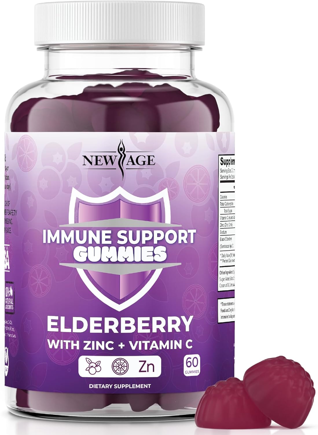 NEW AGE Sambucus Black Elderberry Gummies with Vitamin C & Zinc – Immune System Support 120 Count (Pack of 2)