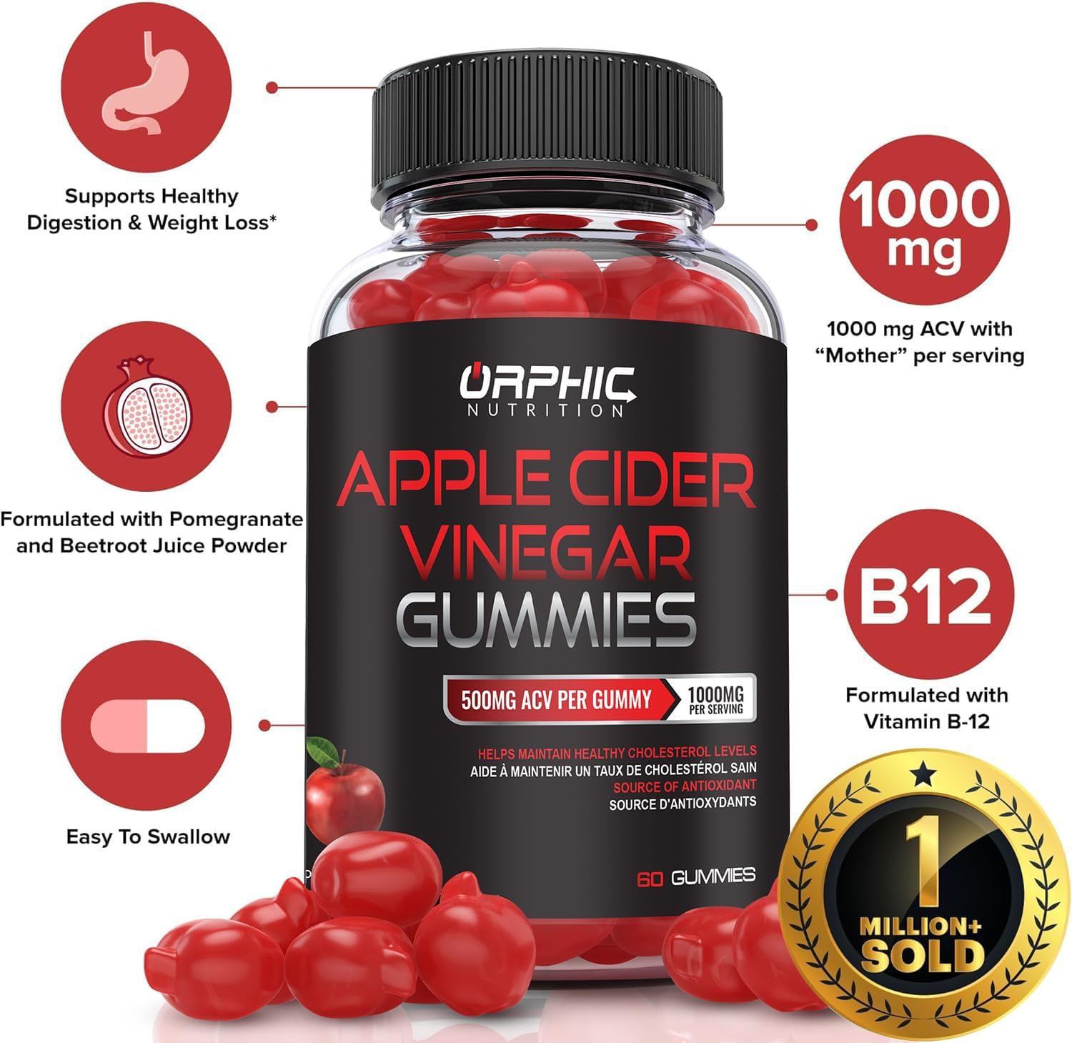 ORPHIC NUTRITION Apple Cider Vinegar Gummies 1000mg – ACV Metabolism & Digestive Support