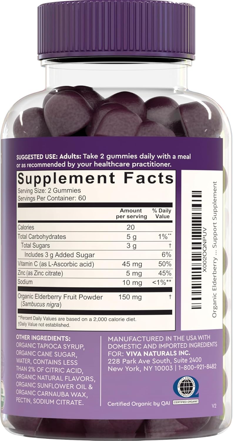 Vivanaturals Elderberry Vitamin C & Zinc Immune Support Gummies – Organic Raspberry 120 Count
