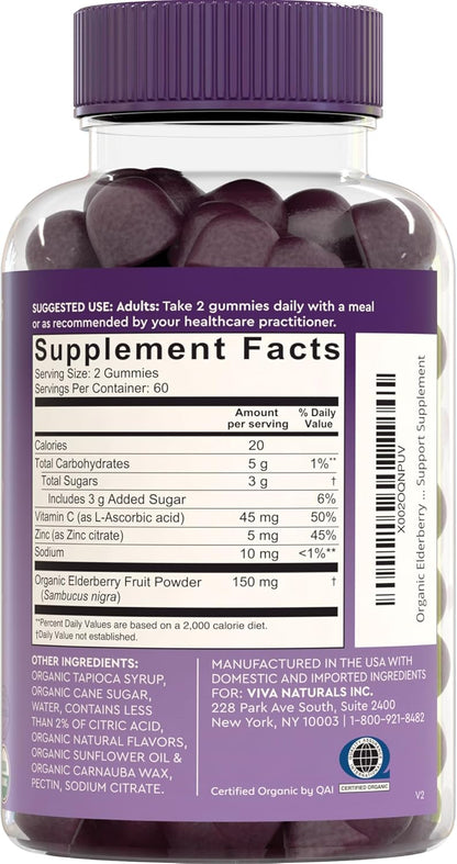 Vivanaturals Elderberry Vitamin C & Zinc Immune Support Gummies – Organic Raspberry 120 Count