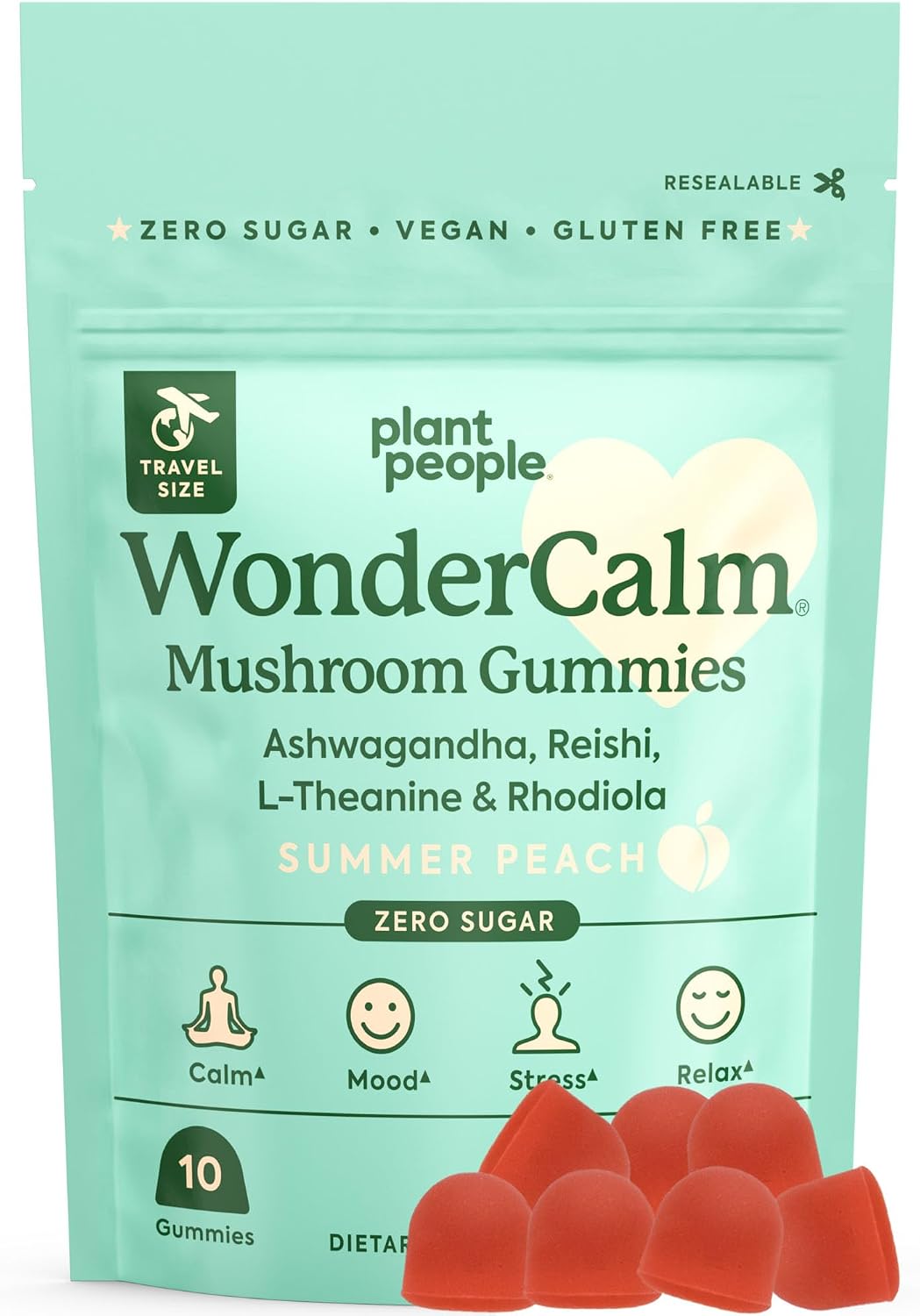 Plant People WonderCalm Mushroom Gummies with Ashwagandha, Reishi & L-Theanine – Sugar Free Vegan Stress Relief Supplement – Peach Flavor, 60 Count
