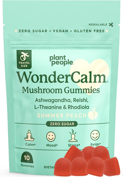 Plant People WonderCalm Mushroom Gummies with Ashwagandha, Reishi & L-Theanine – Sugar Free Vegan Stress Relief Supplement – Peach Flavor, 60 Count