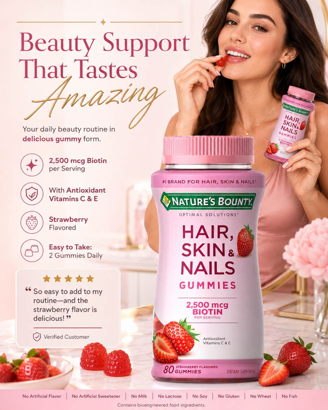 Nature’s Bounty Hair, Skin & Nails Gummies with Biotin & Collagen – Strawberry 80 Count