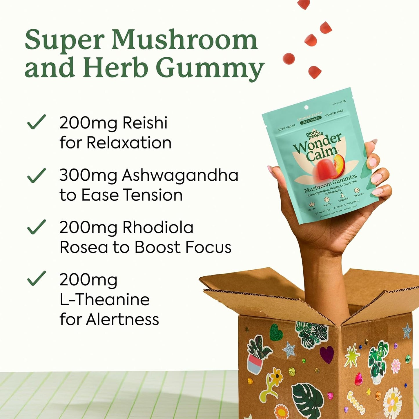 Plant People WonderCalm Mushroom Gummies with Ashwagandha, Reishi & L-Theanine – Sugar Free Vegan Stress Relief Supplement – Peach Flavor, 60 Count