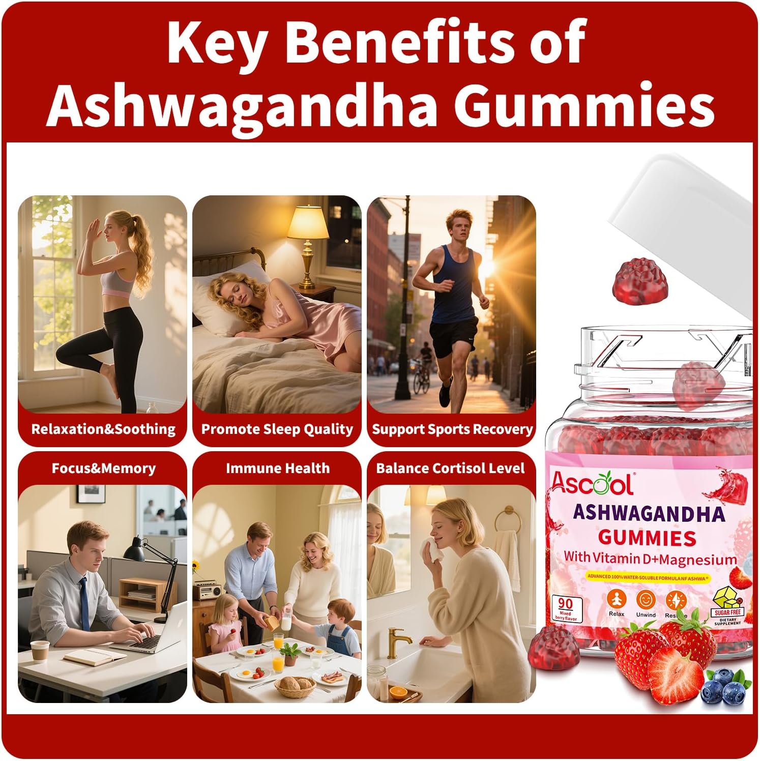 Ashwagandha Gummies with Magnesium &amp; Vitamin D – Stress Relief &amp; Calm Support 90 Count